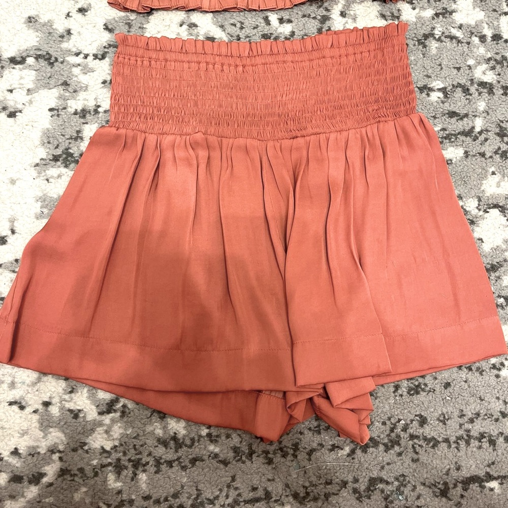 TCEC Flowy Silky Satin Shorts Skort with Smocked Waist in salmon / coral / pink